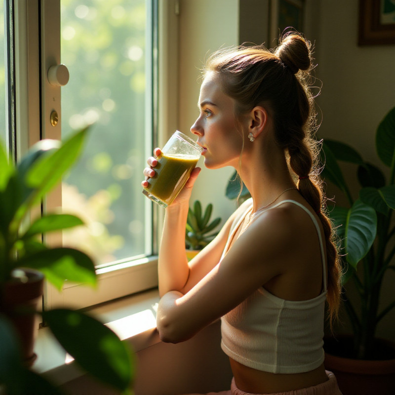 Young woman with a tucked-under braid sitting by a window.