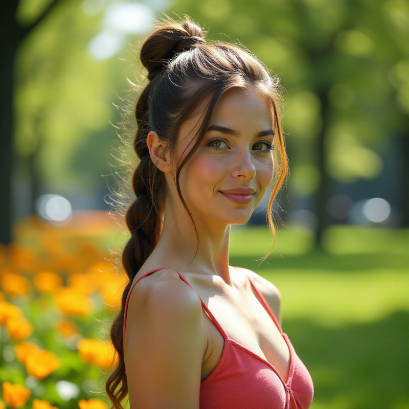 Young woman with a twisted ponytail in a vibrant park.