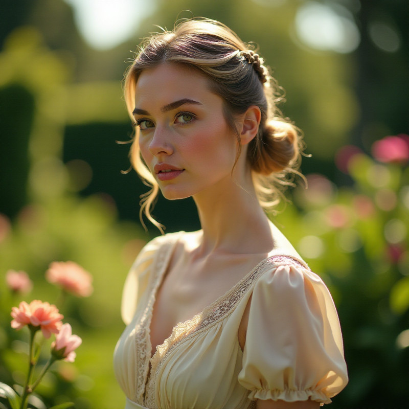 Young woman with an elegant chignon in a garden.