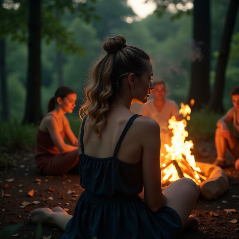 Young woman with bouncy curls camping by the fire.