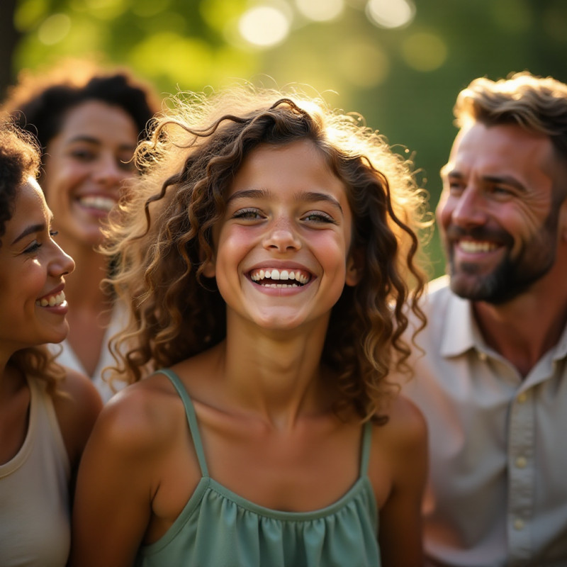 Young woman with bouncy curls celebrating at a family reunion.