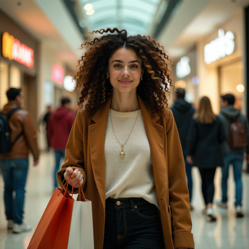 Young woman with bouncy curls during a shopping spree.