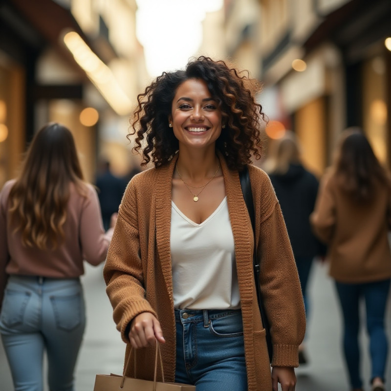 Young woman with bouncy curls enjoying a day out shopping.