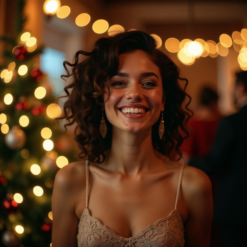 Young woman with bouncy curls enjoying a holiday party.