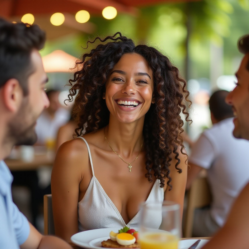 Young woman with bouncy curls enjoying brunch with friends outdoors.