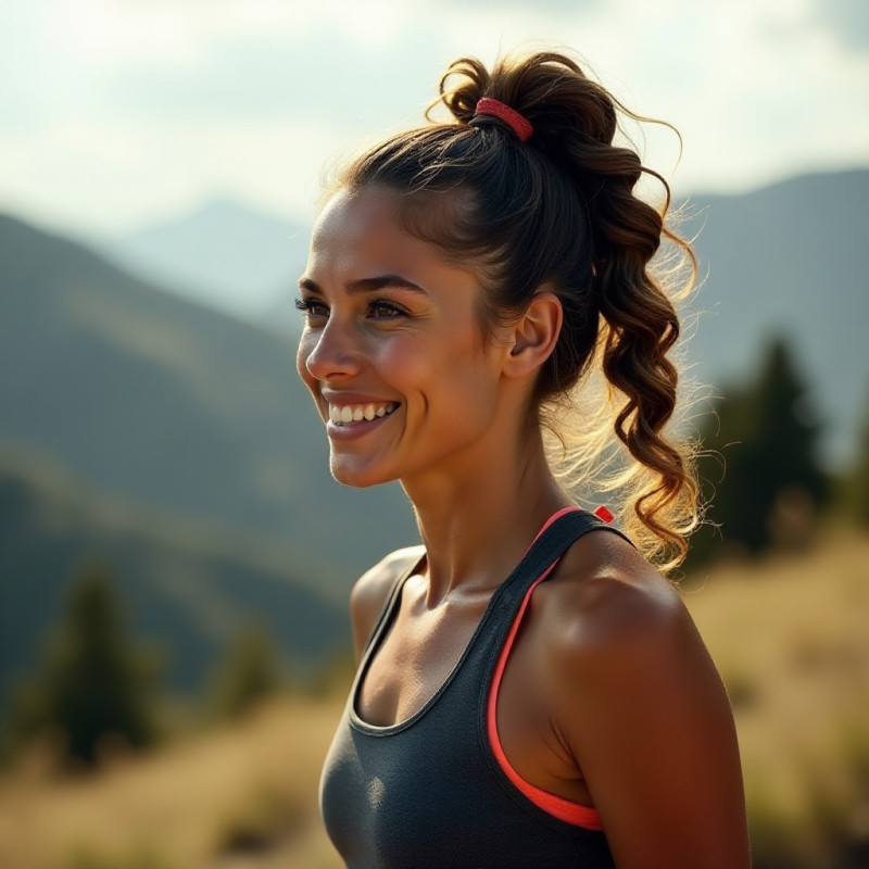 Young woman with bouncy curls in a sporty outfit ready for an adventure.