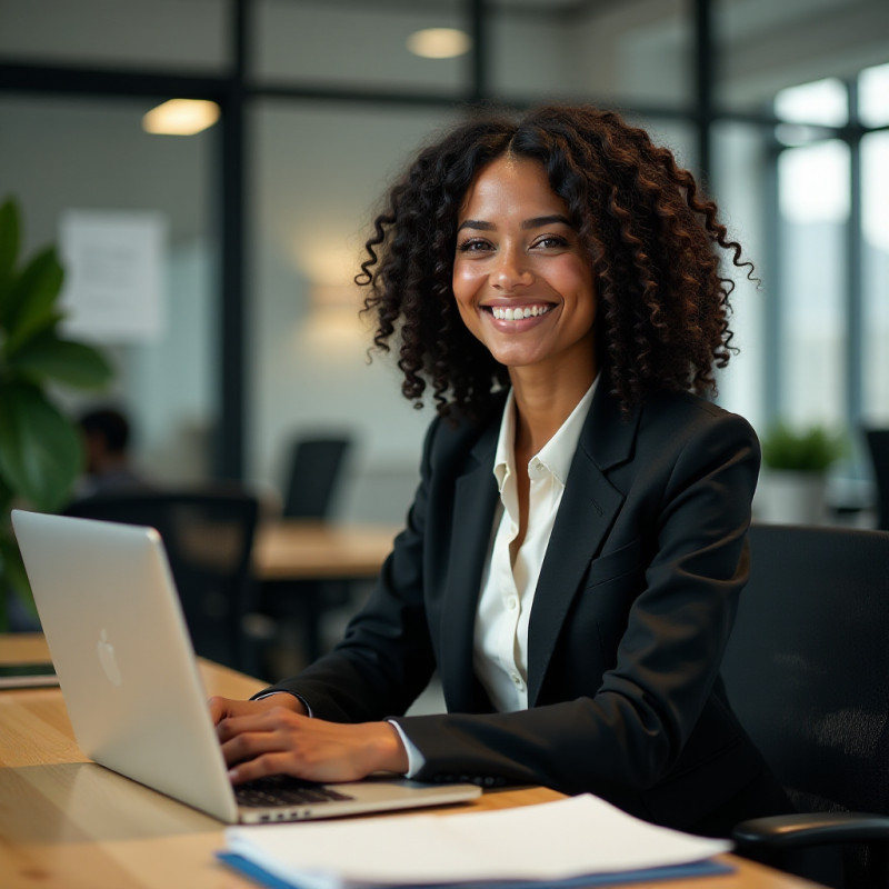 Young woman with bouncy curls in an office, dressed in business attire.