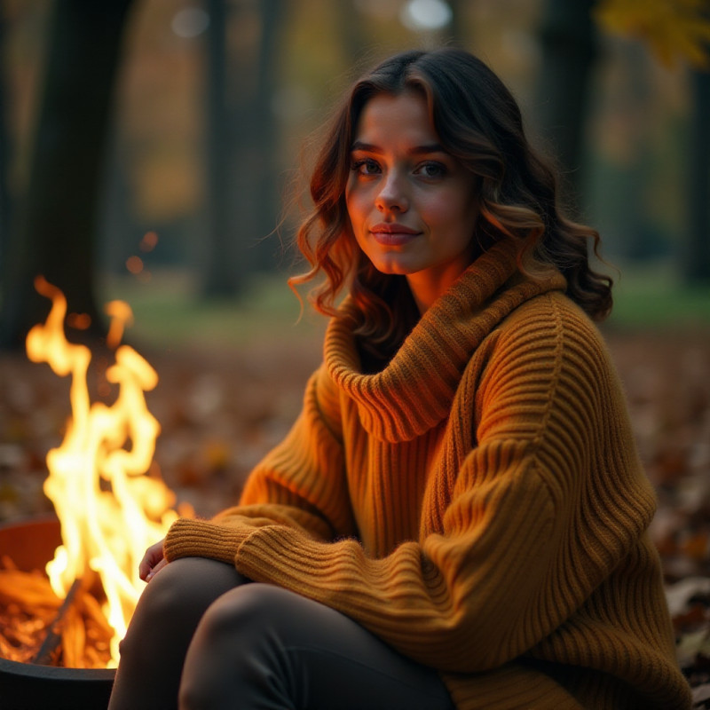 Young woman with bouncy curls sitting by a fire in a cozy sweater.