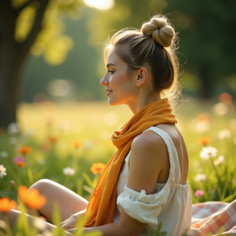 Young woman with bun and scarf enjoying a picnic.