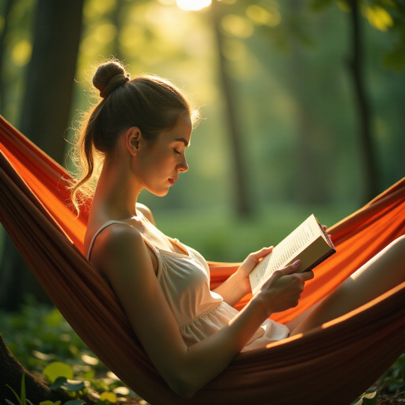 Young woman with claw clip updo relaxing in a hammock.