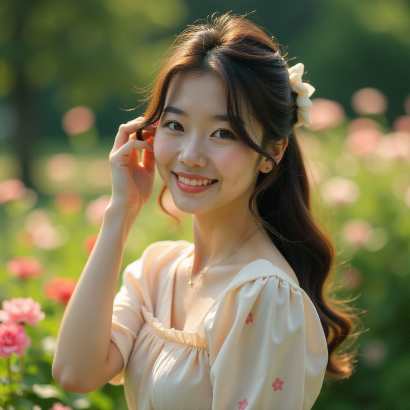 Young woman with half-up half-down hairstyle in a garden.