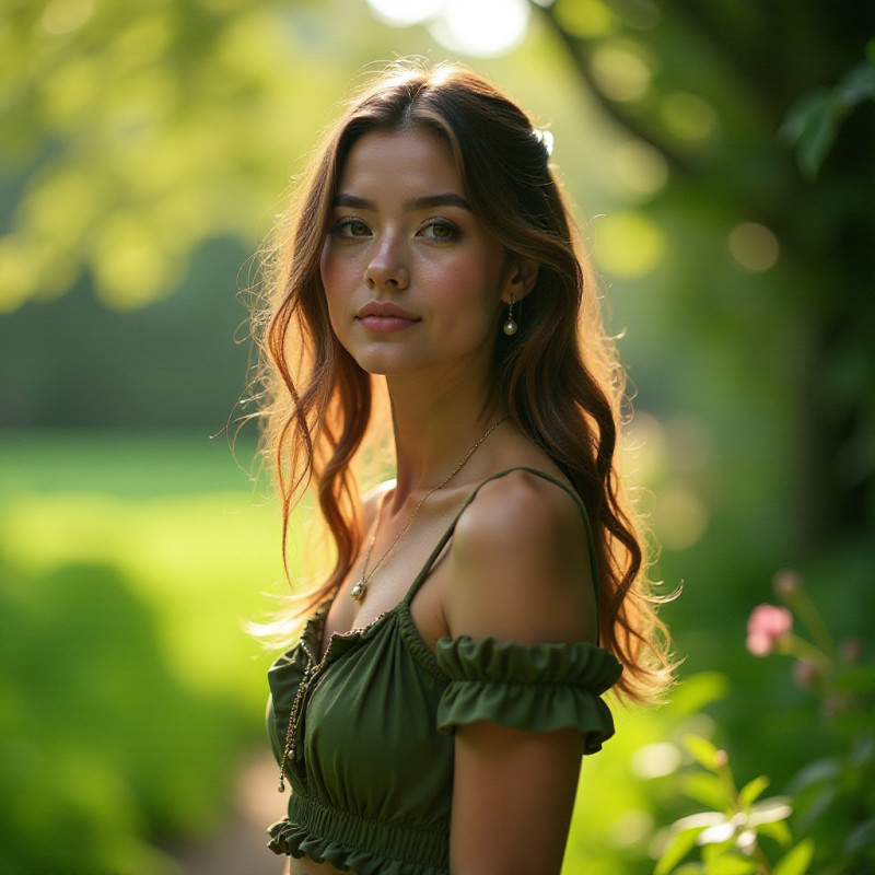 Young woman with half-up half-down waves in a garden.