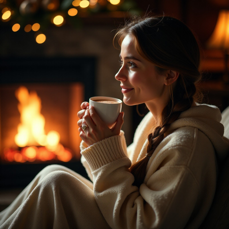 Young woman with loosely tied braid relaxing by the fireplace.