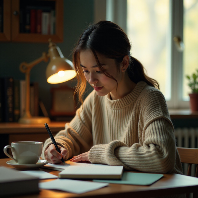 Young woman with low ponytail writing in a journal.