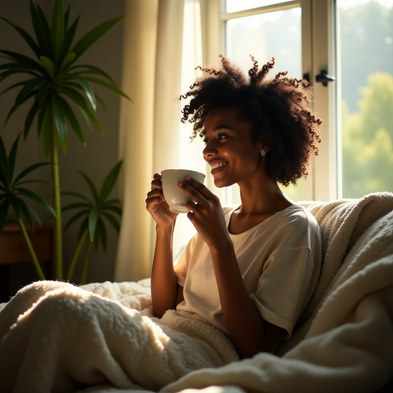 Young woman with natural hair enjoying a peaceful moment at home.