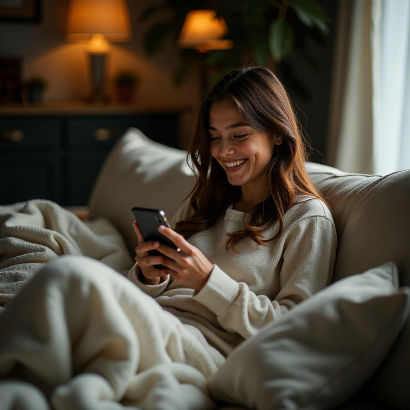 Young woman with soft waves scrolling through her phone.