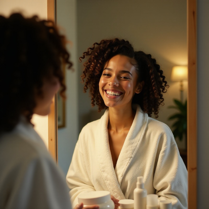 Young woman with spiral curls smiling in a living room.