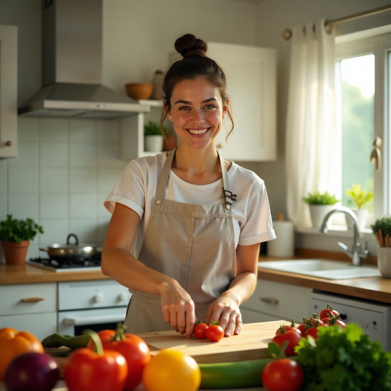 Young woman with top knot hairstyle cooking in the kitchen.