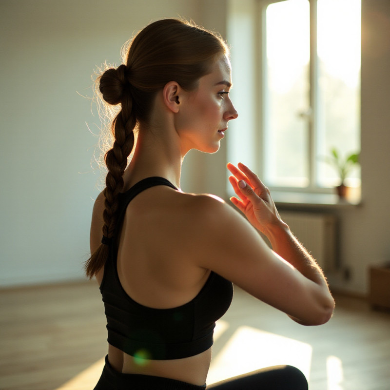 A girl with a braided bun engaged in a pilates class.