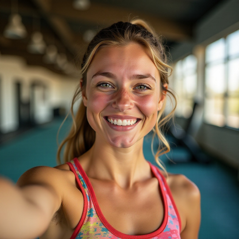 A girl with a half-up ponytail taking a selfie post-workout.