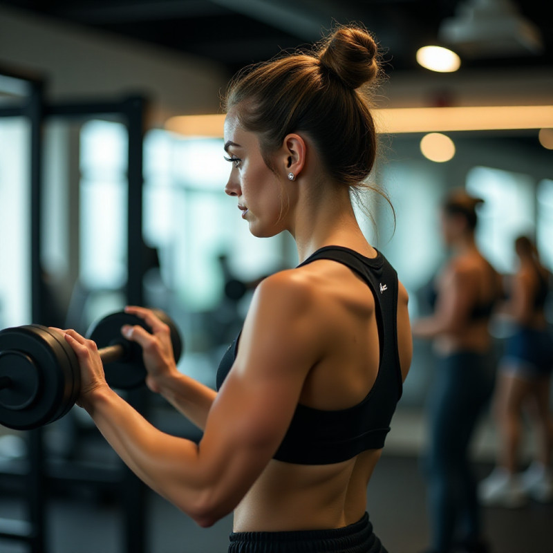 A girl with a low bun exercising in a gym.