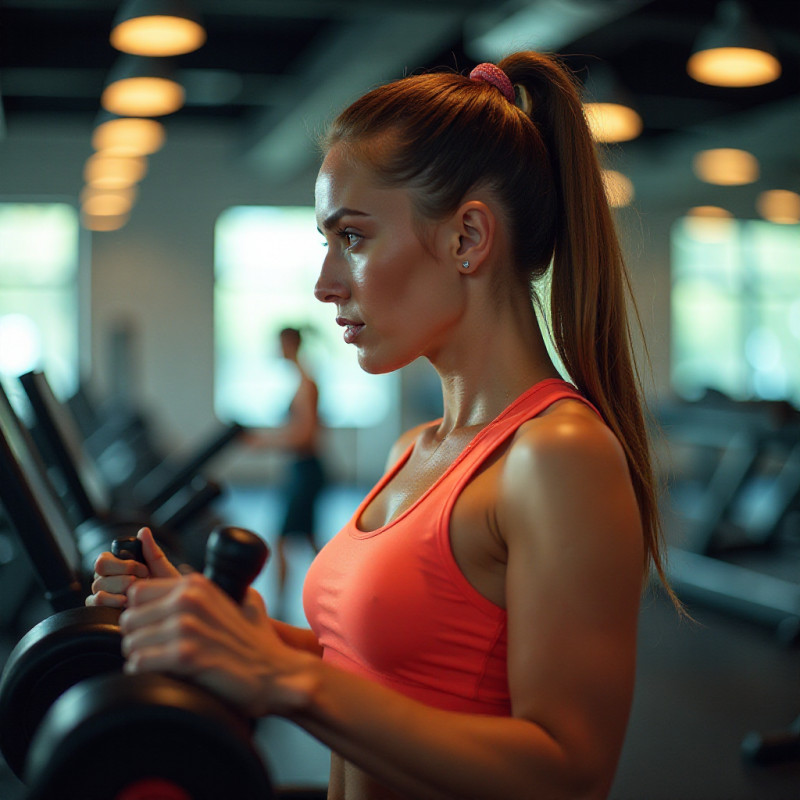 A girl with a ponytail and braided wrap exercising in the gym.