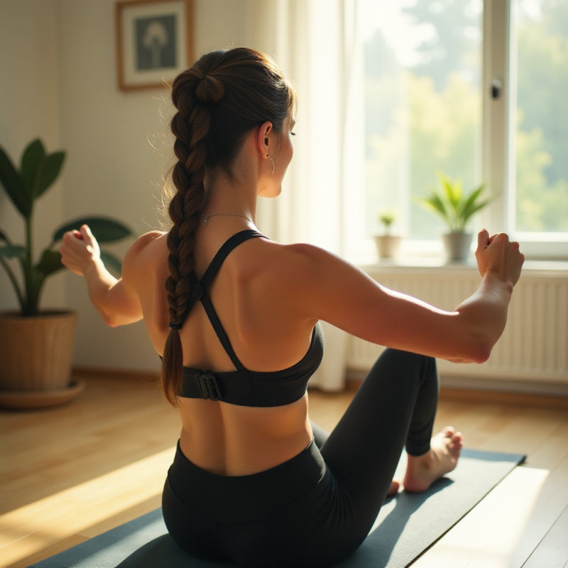 A girl with a side braid practicing pilates in a home setting.