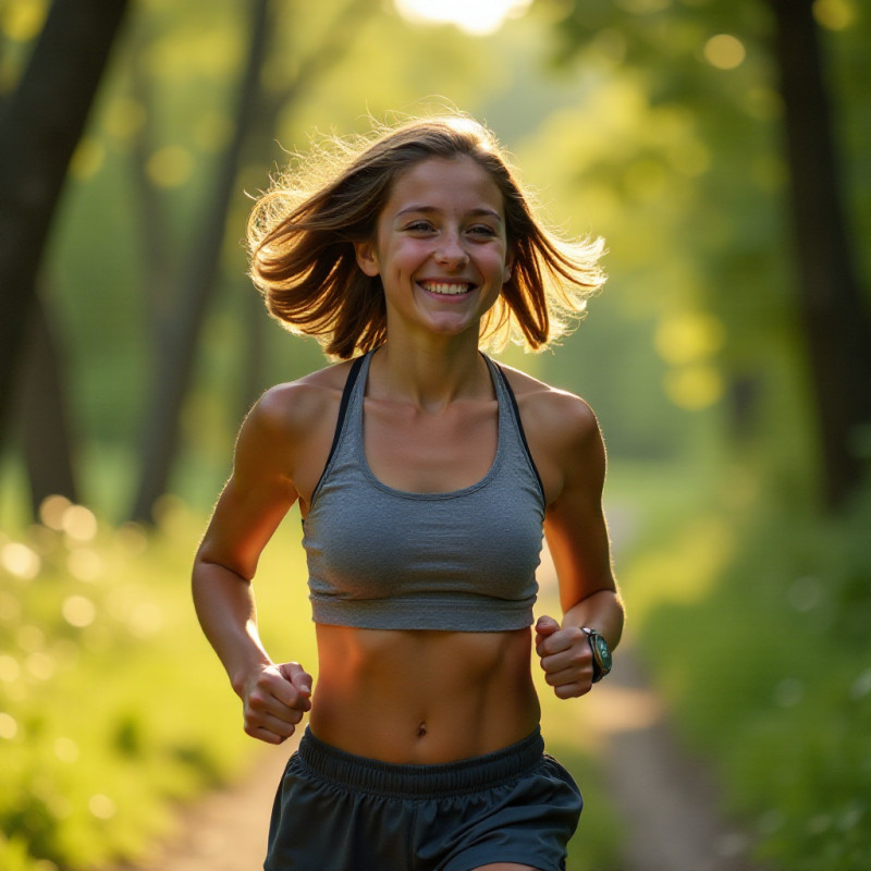 A girl with a textured bob running on a nature trail.