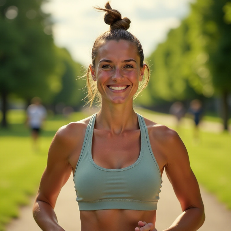 A girl with a top knot enjoying an outdoor workout.