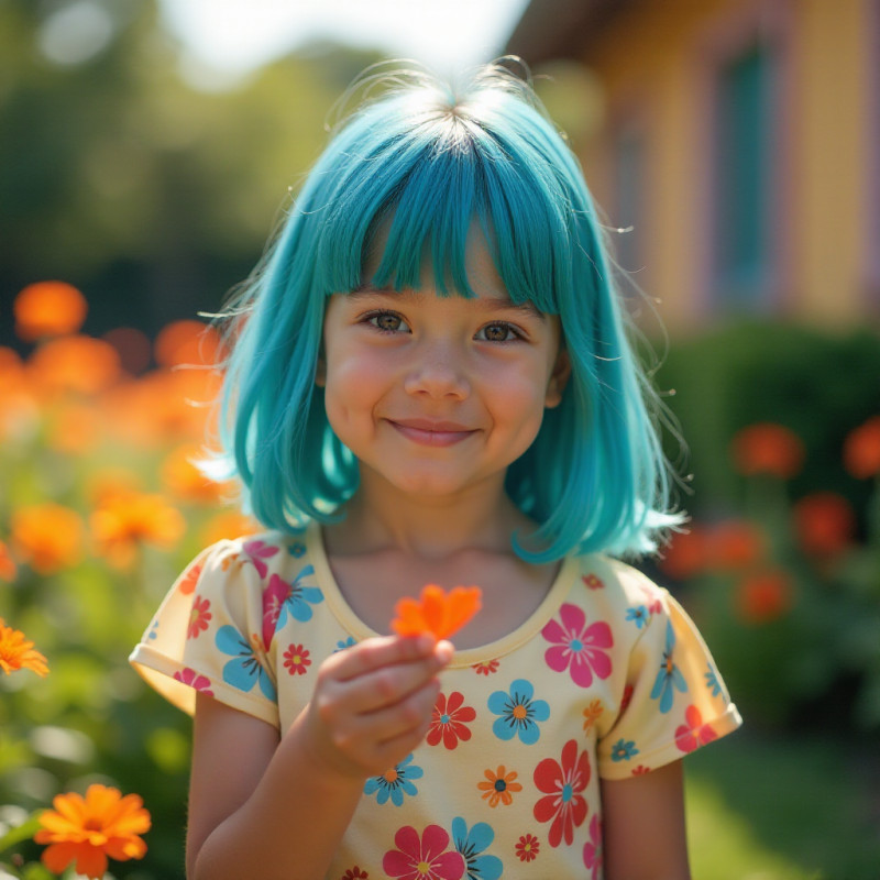 A girl with blue bangs in a flower-filled garden.