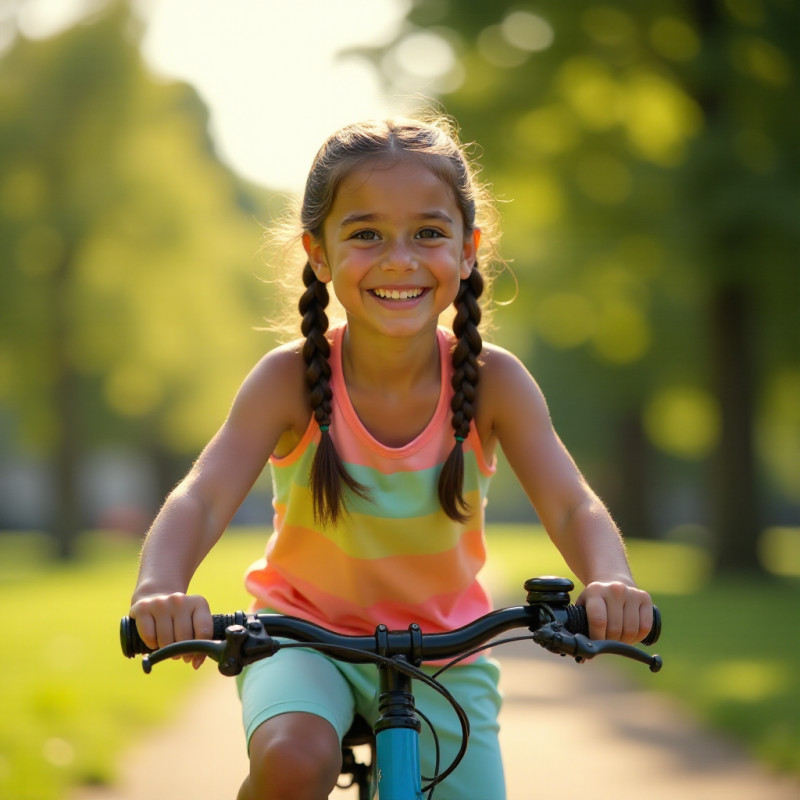 A girl with braided pigtails enjoying a bike ride.