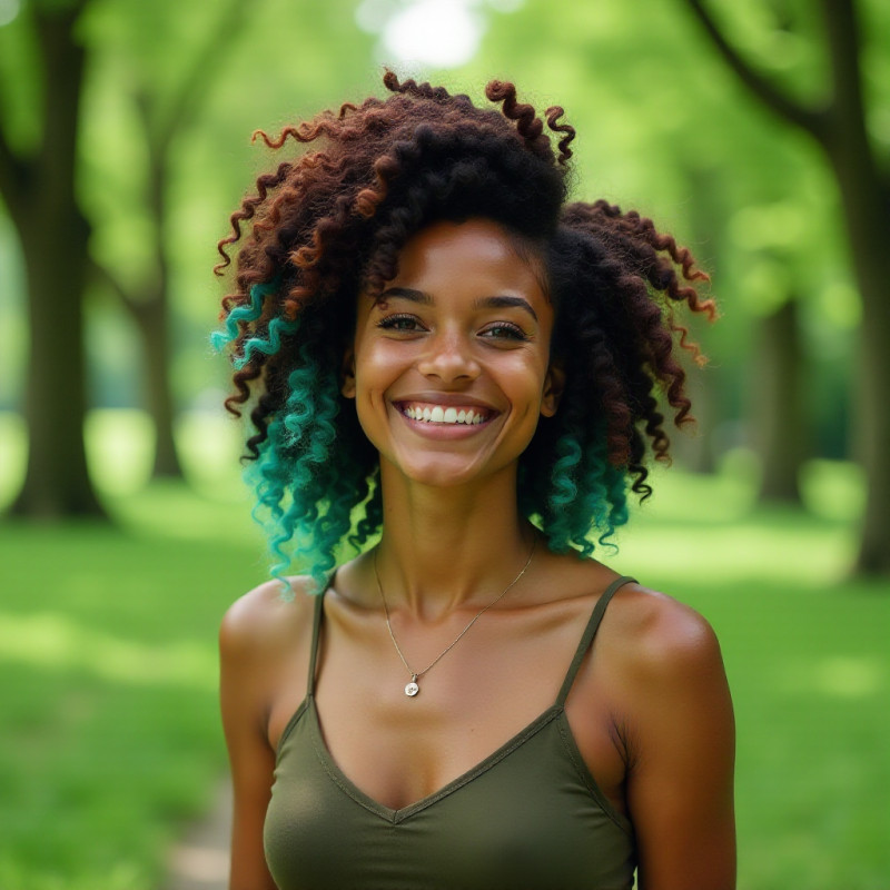 A girl with brown hair and teal tips enjoying the outdoors.