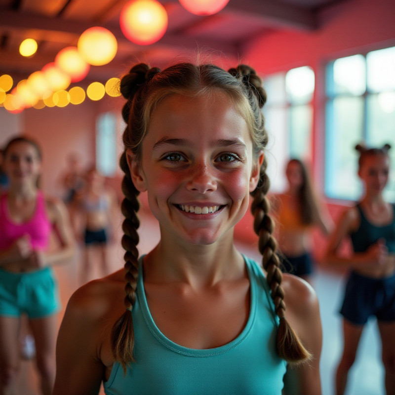 A girl with bubble braids engaged in an energetic fitness class.