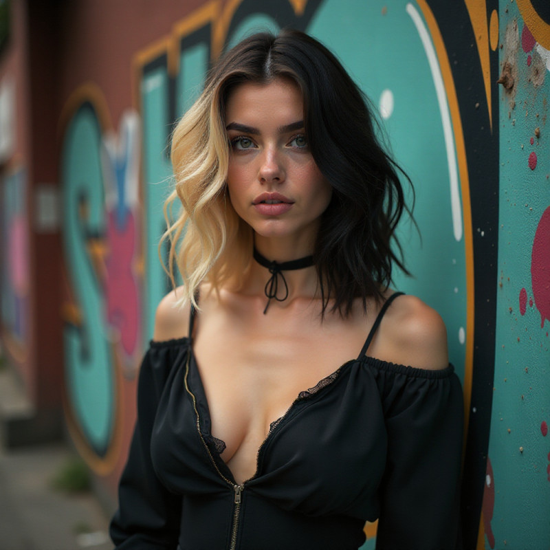 A girl with distinct two-tone hair standing in the city.