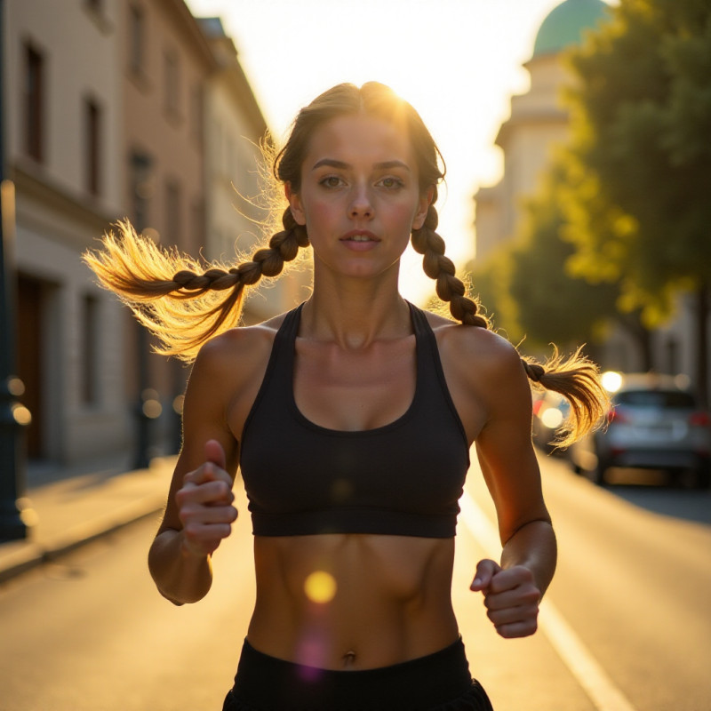 A girl with double Dutch braids running in an urban environment.