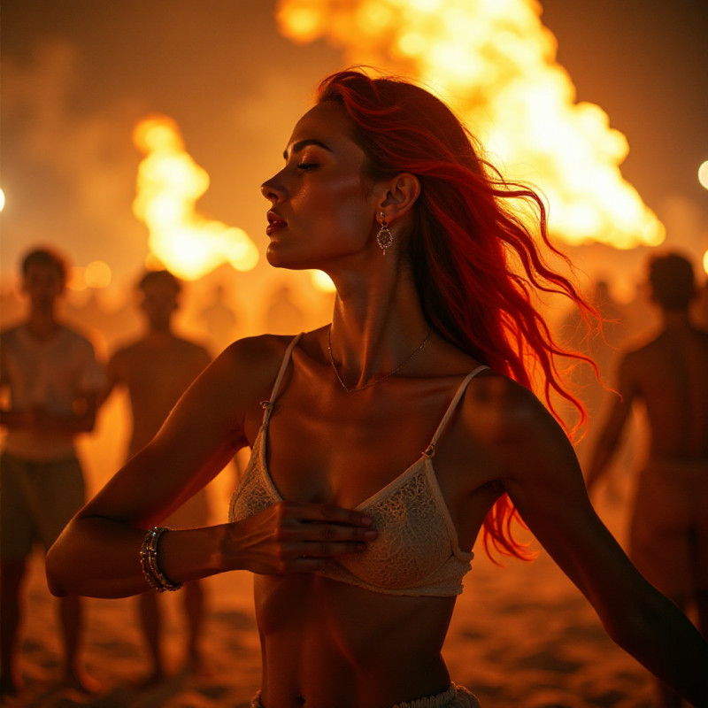 A girl with fire-inspired hair at a vibrant festival.