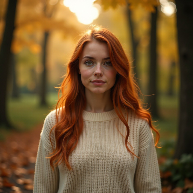 A girl with fox red hair surrounded by fall foliage.