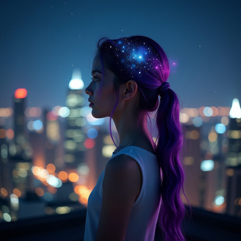 A girl with galaxy hair on a rooftop night view.