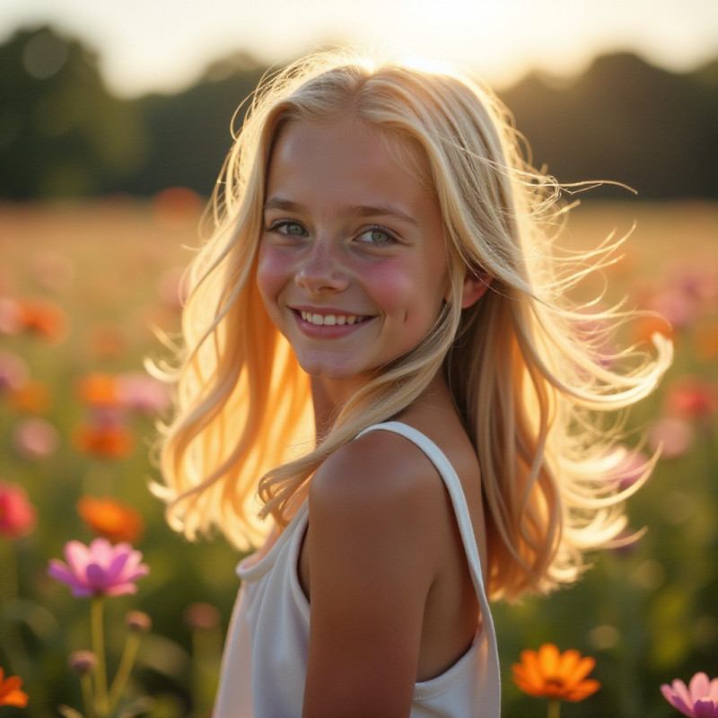 A girl with hidden underlights in a flower field.