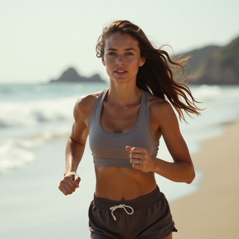 A girl with layered waves running along the beach.