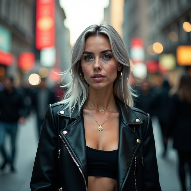 A girl with metallic silver hair in a city.