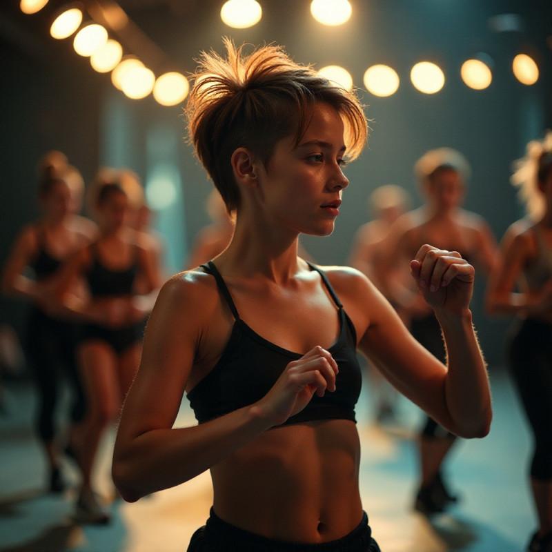 A girl with spiky hair actively dancing during a workout.