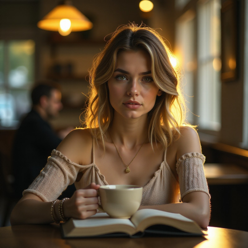 A girl with vintage highlights reading in a coffee shop.