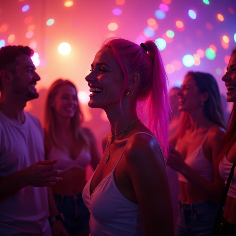 A woman dancing at a party with neon hair.