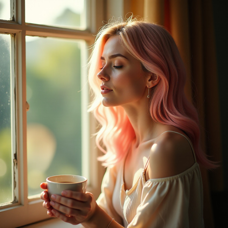 A woman enjoying coffee with color melted hair.