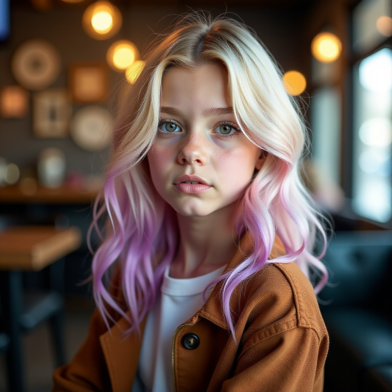 A woman with blonde hair featuring chunky highlights.