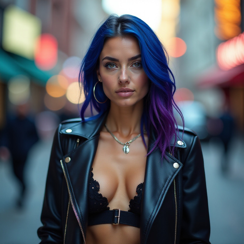 A woman with bold balayage hair standing in a city.