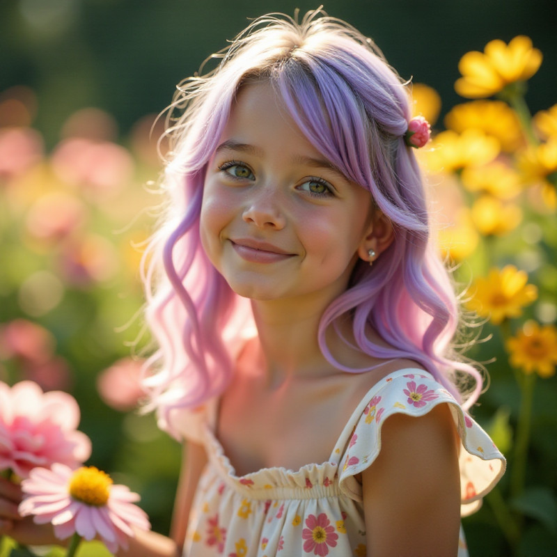 A woman with floral-inspired hair colors in a blooming garden.