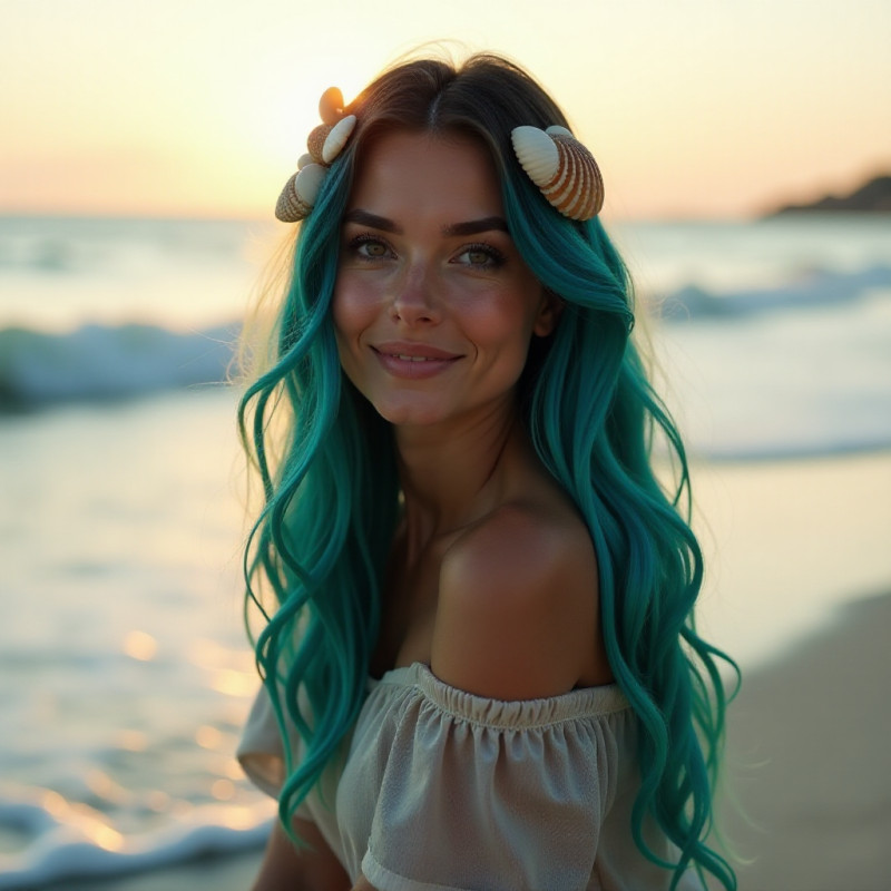 A woman with mermaid hair at the beach.