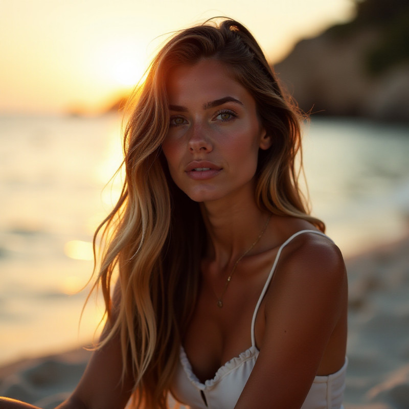 A woman with ombre hair sitting on the beach at sunset.